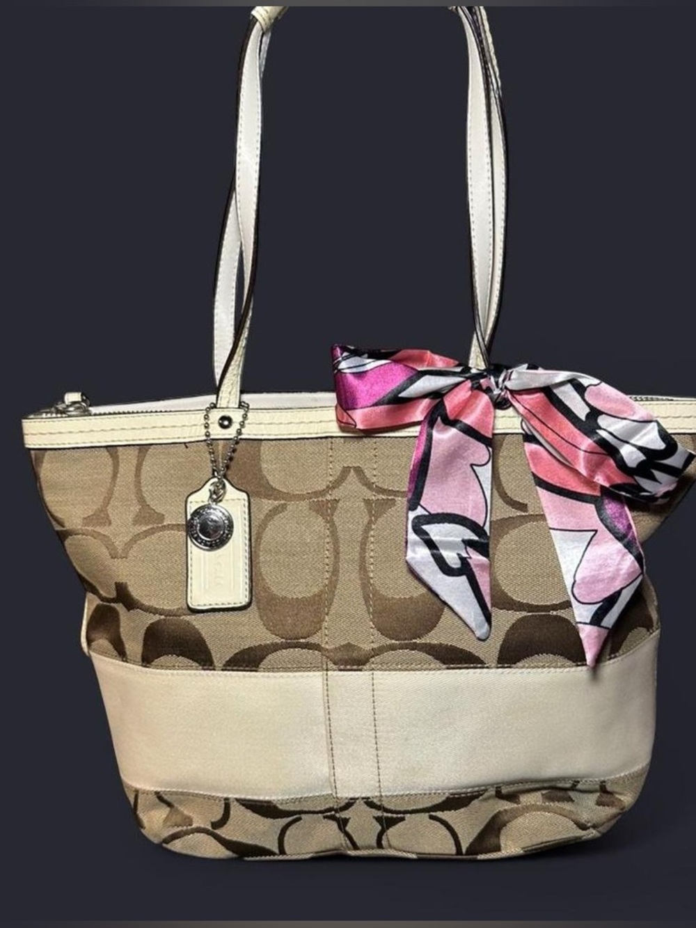Coach Tan Signature Canvas Tote with Pink Silk Scarf